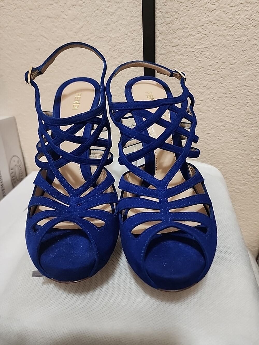 Fendi Royal Blue Suede Cut-out Caged Sandals EU 39